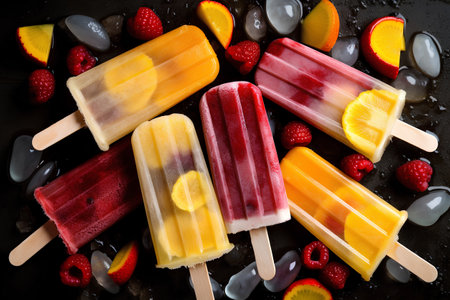 Homemade popsicles with fruit and berries on a black background.の素材