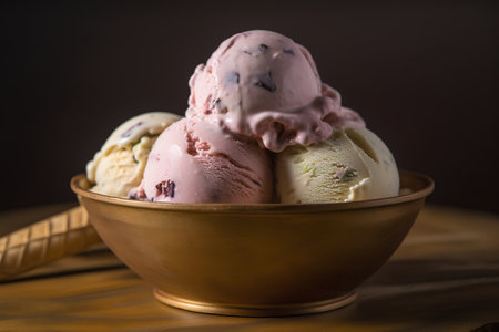Scoops of ice cream in a bowl on a wooden tableの素材