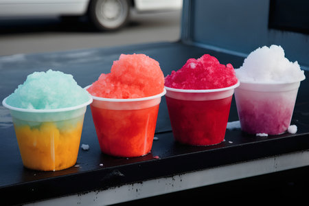 Colorful ice creams in plastic cups on a black background.の素材