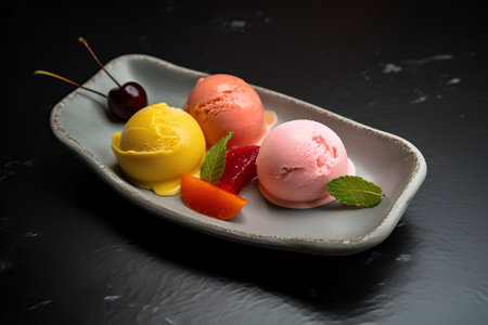 Ice cream scoops of different colors and flavors on a dark backgroundの素材
