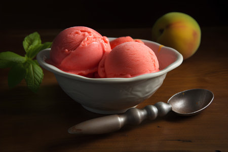 Scoops of strawberry ice cream in white bowl on wooden tableの素材