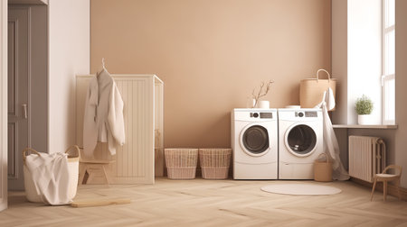 Laundry room interior with washing machine and basket. 3d renderの素材