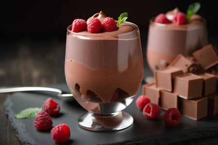 Chocolate mousse with raspberries and mint in a glassの素材