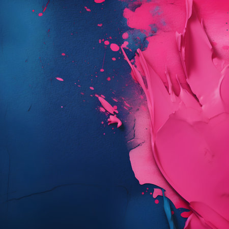 pink and blue paint splashes on blue background with copy spaceの素材
