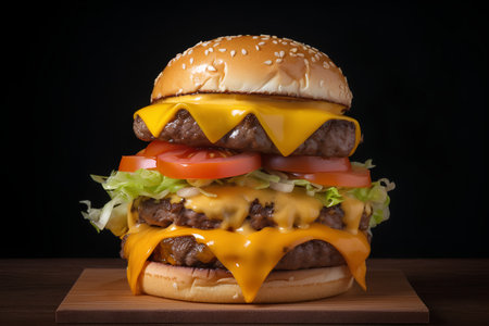 Big tasty cheeseburger with beef, cheese and vegetables on wooden board isolated on black backgroundの素材