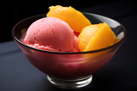 Scoops of mango ice cream in a glass bowl on black backgroundの素材