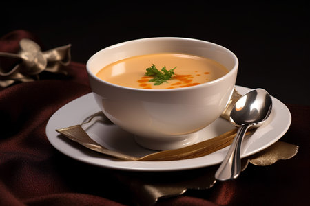 Creamy soup with parsley in a bowl on a dark backgroundの素材