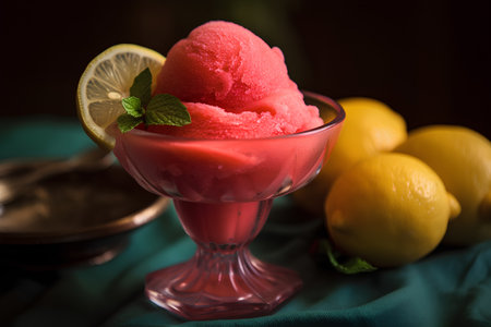Scoop of homemade ice cream with mint and lemon on a dark backgroundの素材