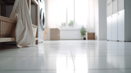 Laundry room with white tiled floor and washing machine.の素材