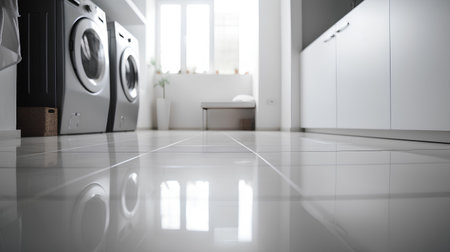 Washing machine and washing machine on the floor in the kitchen.の素材