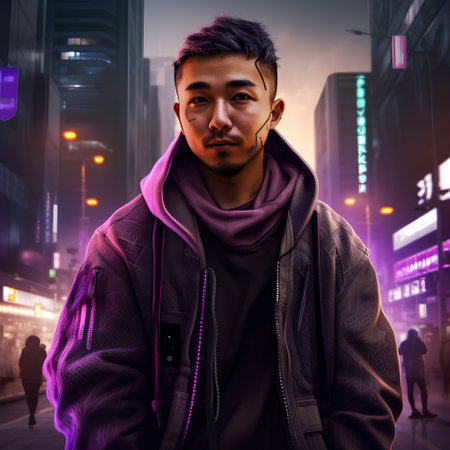 Portrait of a young asian man in the city at nightの素材