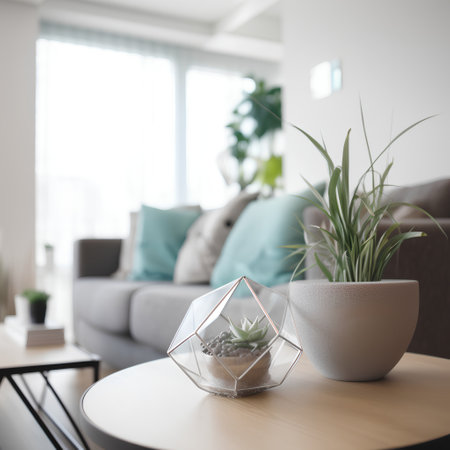 Interior of a modern living room with plants in a glass vaseの素材