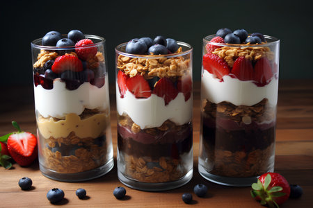 Granola with yogurt and berries in glasses on wooden table.の素材