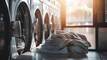 Laundry room interior with washing machine and towels in sunny dayの素材
