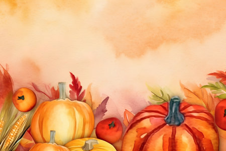 Watercolor autumn background with pumpkins and leaves. Vector illustration.の素材