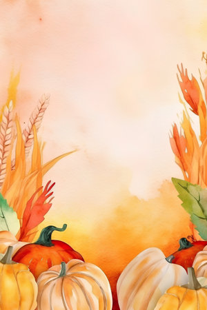 Watercolor autumn background with pumpkins and feathers. Hand painted illustrationの素材