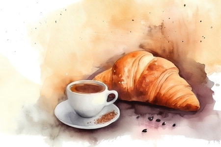 Coffee and croissant. Watercolor hand drawn illustrationの素材