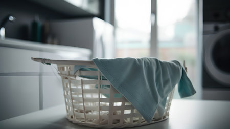 Laundry basket with towels in the kitchen. Selective focus.の素材
