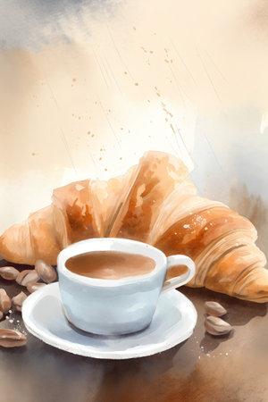 Cup of coffee and croissant. Watercolor illustration.の素材