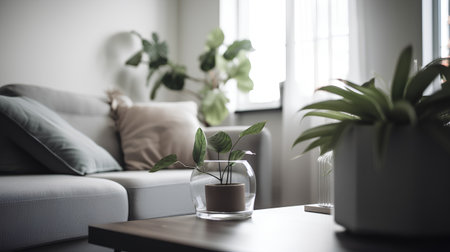 Interior of modern living room with sofa and plants, tonedの素材