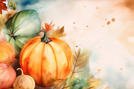 Watercolor autumn background with pumpkins, leaves and space for textの素材