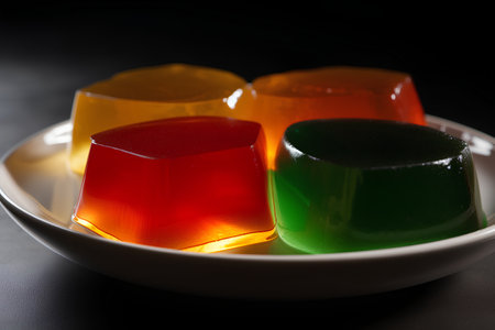 Colorful jelly in a plate on a black background. Selective focus.の素材