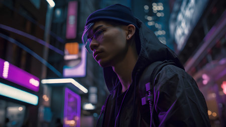 young handsome asian hipster man in the city at night timeの素材