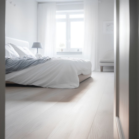 Interior of a modern bedroom with white walls and wooden floor.の素材