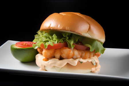Hamburger with shrimp and salad on white plate on black backgroundの素材