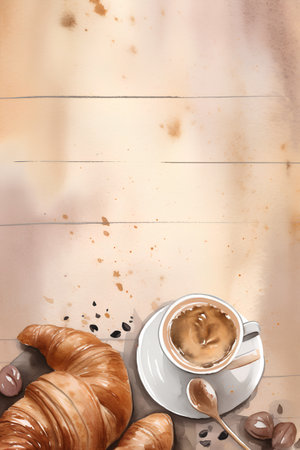 Cup of coffee and croissants on old paper background.の素材