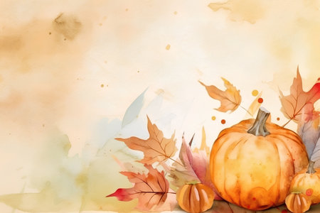 Autumn watercolor background with pumpkins and leaves. Vector illustration.の素材