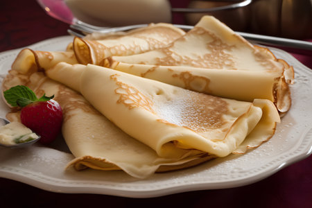 Pancakes with strawberry and sour cream on a white plate.の素材