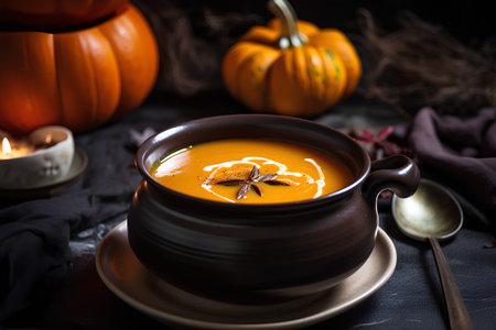 Pumpkin soup with cream and spices on a black background. Selective focus.の素材