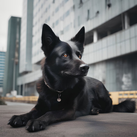 German shepherd dog sitting on the street in front of a modern buildingの素材