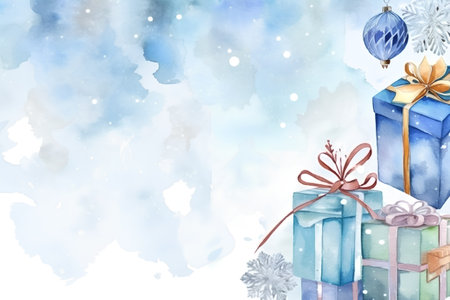 Christmas background with gift boxes and snowflakes, watercolor illustrationの素材