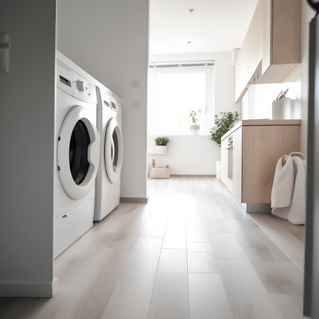 modern white washing machine in the laundry room. 3d rendering.の素材