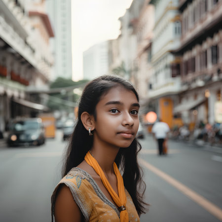 Portrait of a beautiful young Asian woman in a city street.の素材