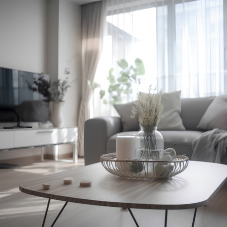 Interior of modern living room with sofa, coffee table and vaseの素材