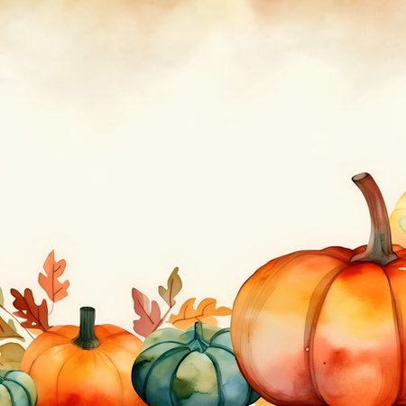 Watercolor autumn background with pumpkins, leaves and place for textの素材
