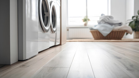 Laundry room with washing machine and wicker basket on floorの素材