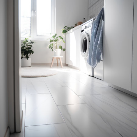 Laundry room interior with washing machine and plant. 3d renderの素材