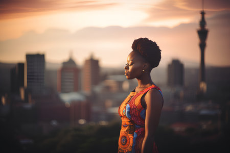 Beautiful african american woman on the rooftop at sunset.の素材