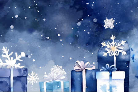 Christmas background with gift boxes and snowflakes, watercolor illustrationの素材
