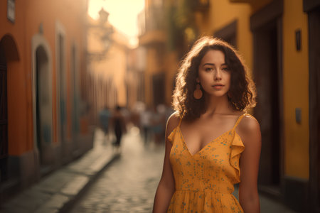 Outdoors portrait of beautiful young brunette woman in yellow dress walking in old town.の素材