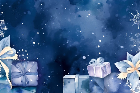 Winter background with gift boxes and snowflakes. Watercolor illustration.の素材