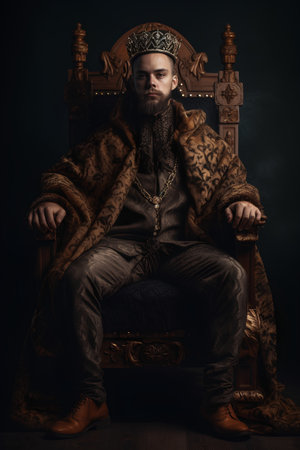 Portrait of a medieval king sitting in a chair. Studio shot.の素材