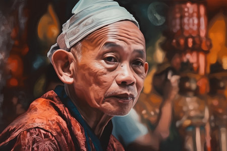 Portrait of a Buddhist monk in a temple, closeup of photoの素材
