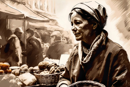 Old woman selling fruits and vegetables in the market, drawing in oilの素材