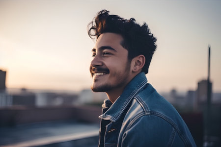 Close up portrait of a handsome young man smiling and looking away outdoorsの素材