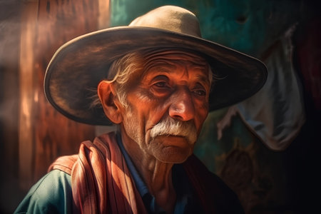 Portrait of an old man with a hat in an old villageの素材